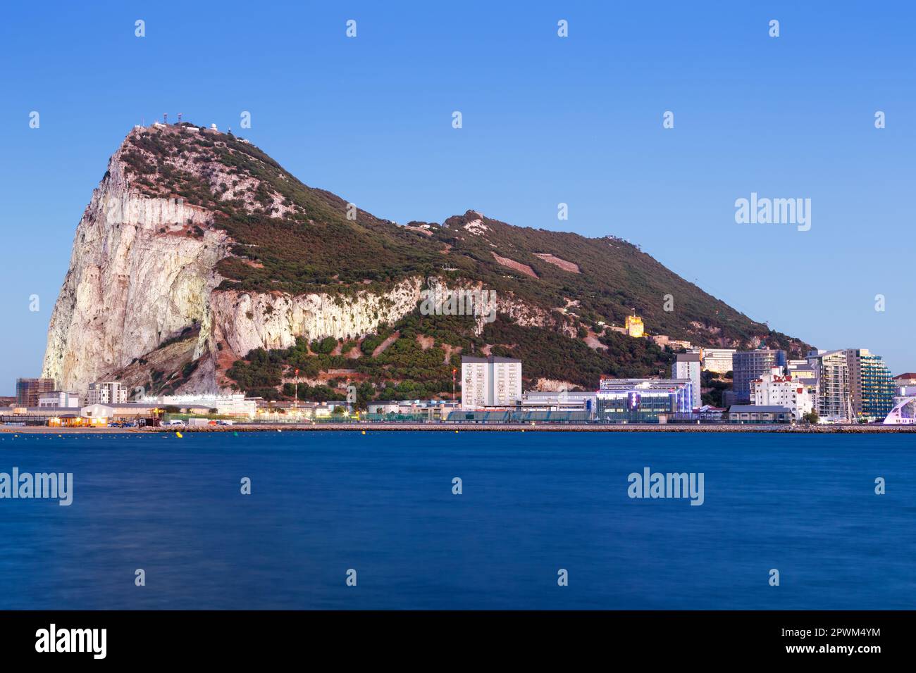Gibraltar The Rock Mediterranean Sea twilight blue hour overview travelling Stock Photo