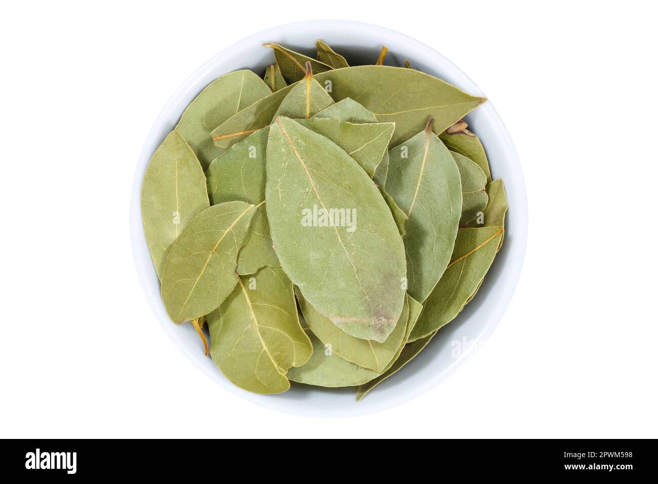Bay leaf leaves spice herb from above bowl isolated on a white