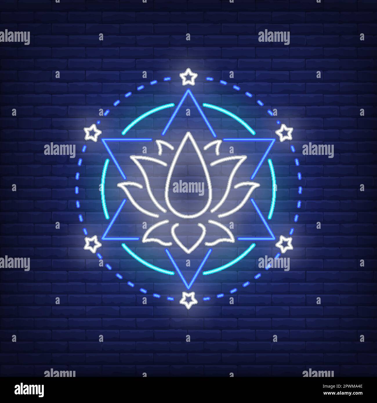 Lotus flower and hexagram star neon sign Stock Vector