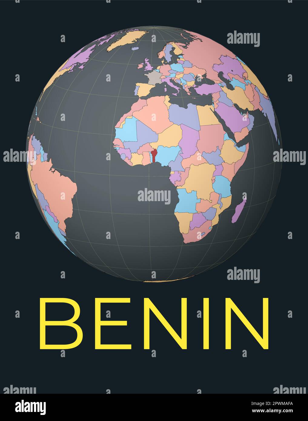 World map centered on Benin. Red country highlighted. Satellite world view centered on the country with name. Vector Illustration. Stock Vector