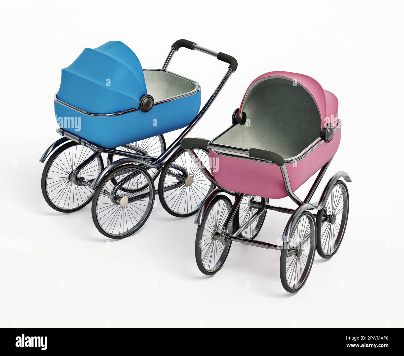 Vintage baby strollers isolated on white background. 3D illustration. Stock Photo