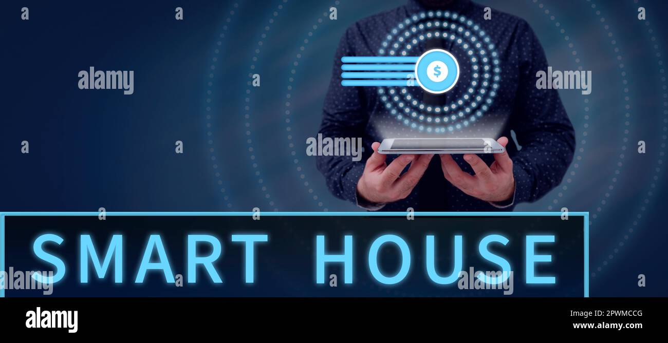 Text caption presenting Smart House, Internet Concept homes that have electronic devices and controlled remotely Stock Photo