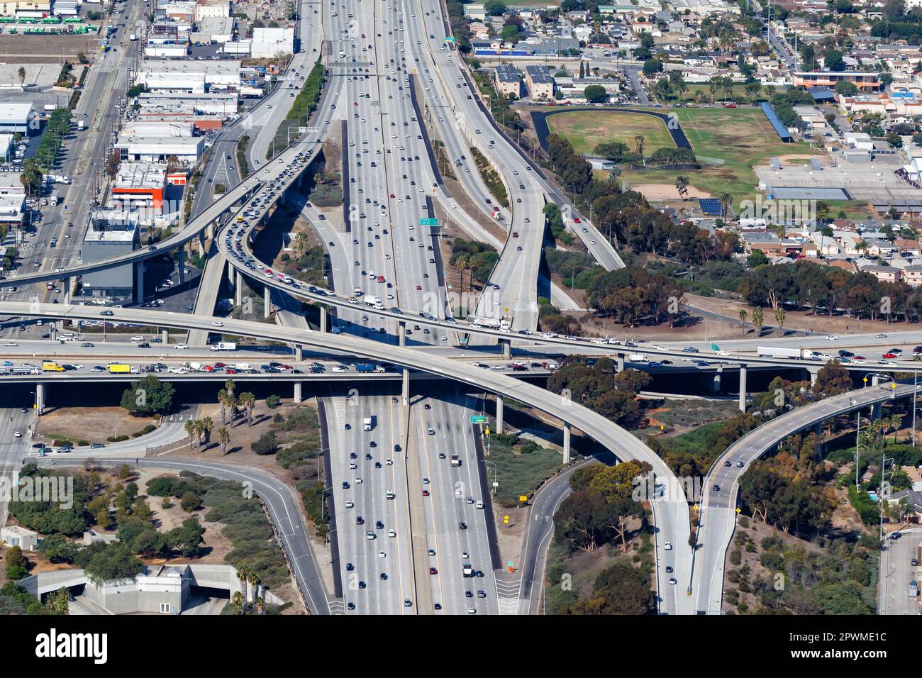 Aerial view of highway interchange San Diego and Century Freeway city traffic in Los Angeles 