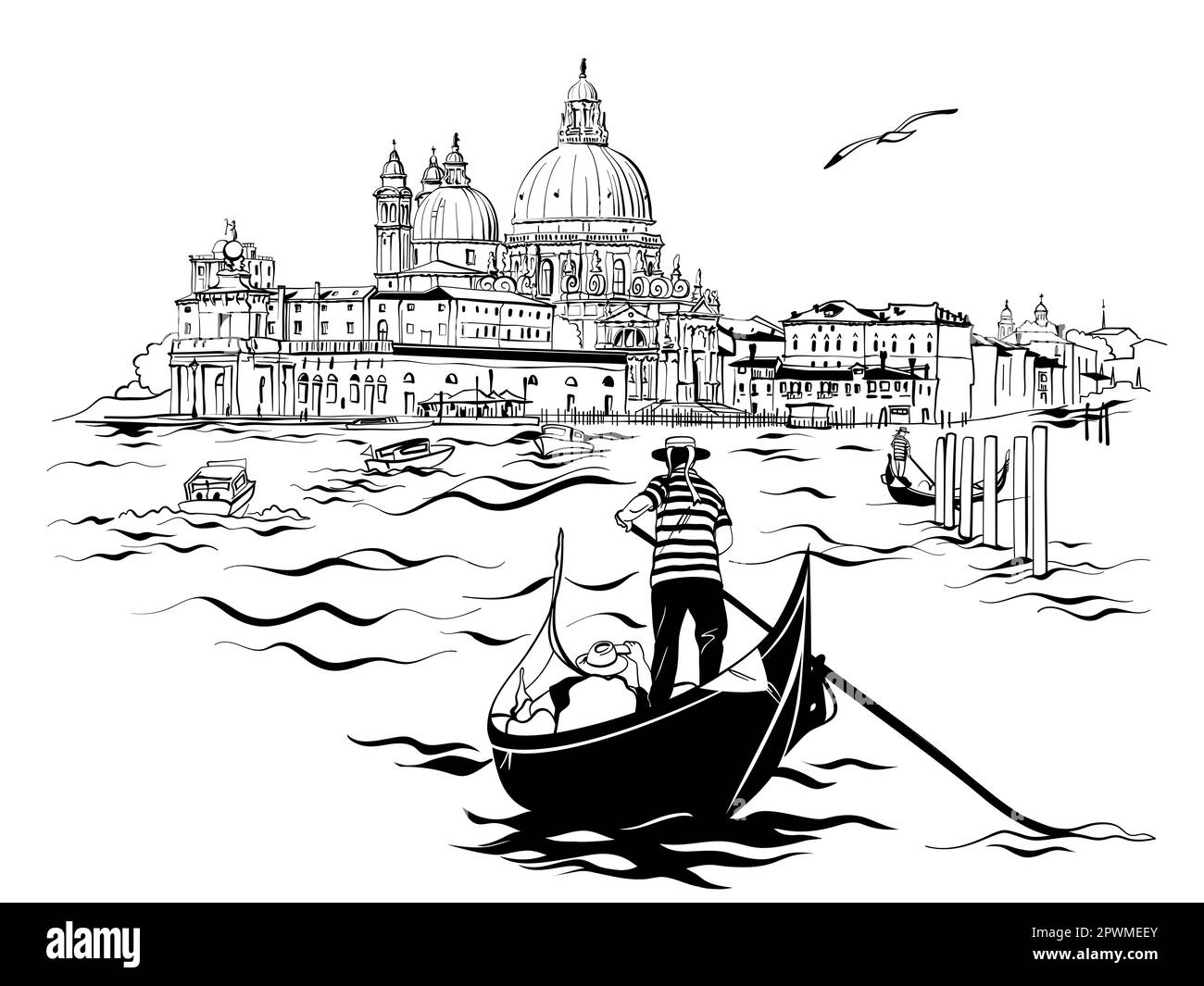 Gondolier in gondola on Grand Canal, Saint Mary of Health in background, Venice, Italy. Black and white Stock Photo