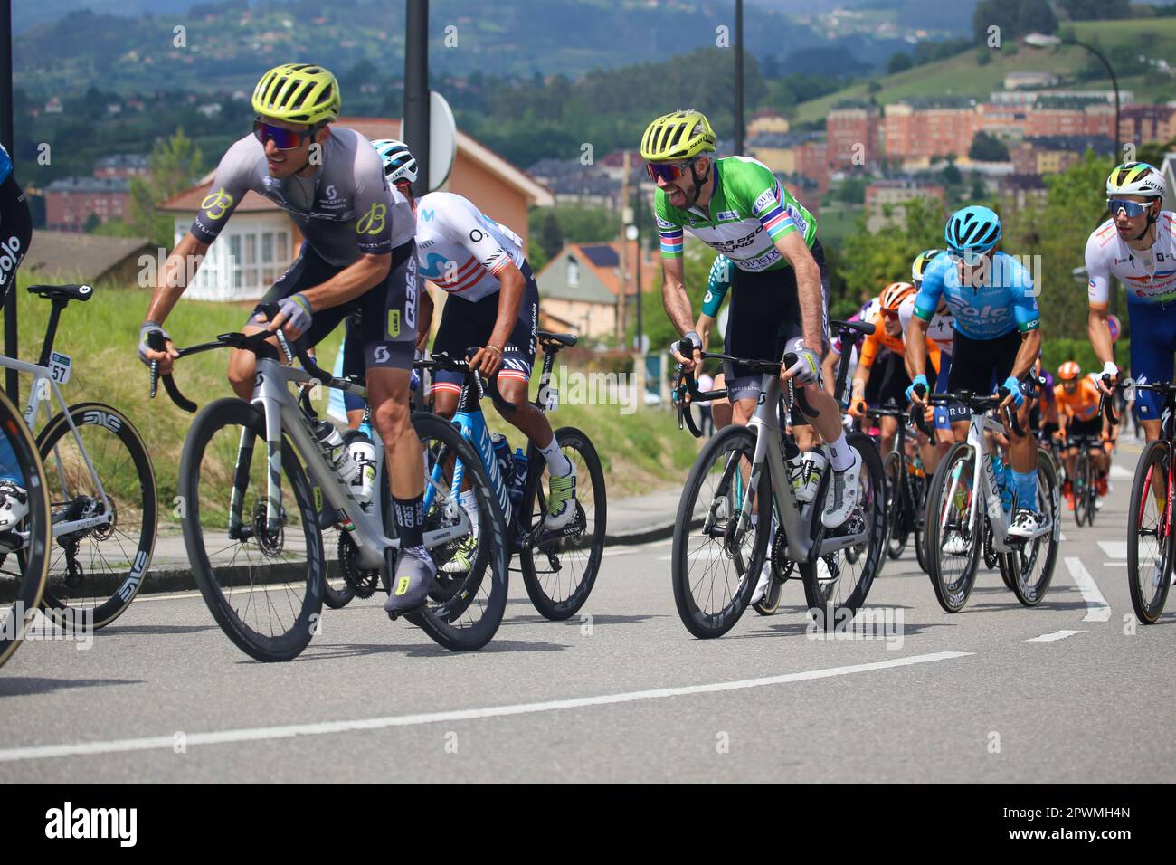 Oviedo, Spain. 30th Apr, 2023. Riders of the Q36.5 Pro Cycling Team, Gianluca Brambilla (L) and Damien Howson (R) during the 3rd stage of the Vuelta a Asturias 2023 between Cangas del Narcea and Oviedo, on 30th April April 2023, in Oviedo, Spain. (Photo by Alberto Brevers/Pacific Press) Credit: Pacific Press Media Production Corp./Alamy Live News Stock Photo