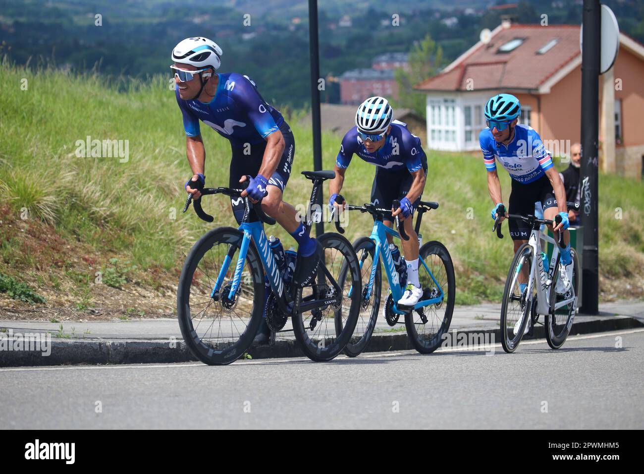 Oviedo, Spain. 30th Apr, 2023. Movistar Team rider Alberto Torres (L) followed by Einer Augusto Rubio (Movistar Team) and Lorenzo Fortunato (EOLO-Kometa, R) leading a group during the 3rd stage of the Vuelta a Asturias 2023 between Cangas del Narcea and Oviedo, on April 30, 2023, in Oviedo, Spain. (Photo by Alberto Brevers/Pacific Press) Credit: Pacific Press Media Production Corp./Alamy Live News Stock Photo