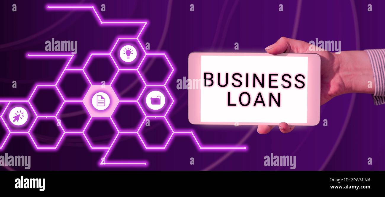 Text sign showing Business Loan, Internet Concept Credit Mortgage Financial Assistance Cash Advances Debt Stock Photo