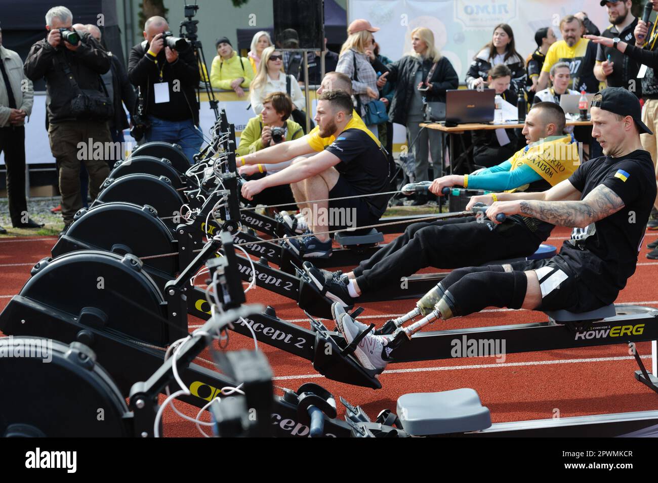 Ukrainian athletes compete at the Outdoor Rowing competition during qualifying competitions of the Invictus Games in Lviv, Ukraine. This is the biggest veteran competition. This year they held in 9 sports. Based on the results of this selection, the national team of Ukraine will be formed from 24 participants, who will represent Ukraine at the Invictus Games international competition, in September in Dusseldorf, Germany. Russia launched a large-scale invasion of Ukraine on February 24, 2022, triggering the largest military attack in Europe since World War II. Stock Photo