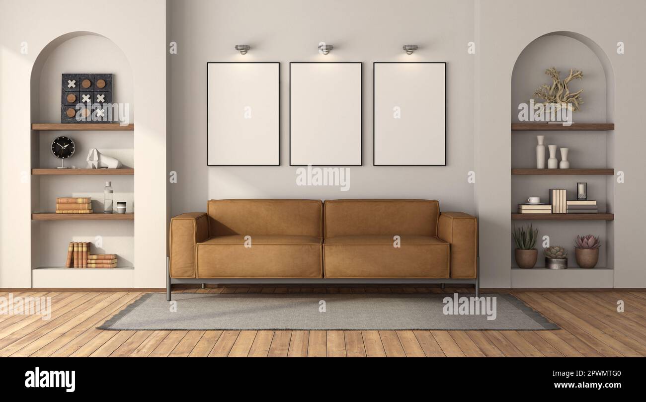 Modern living room with leather sofa and niche with decor objects - 3d rendering Stock Photo