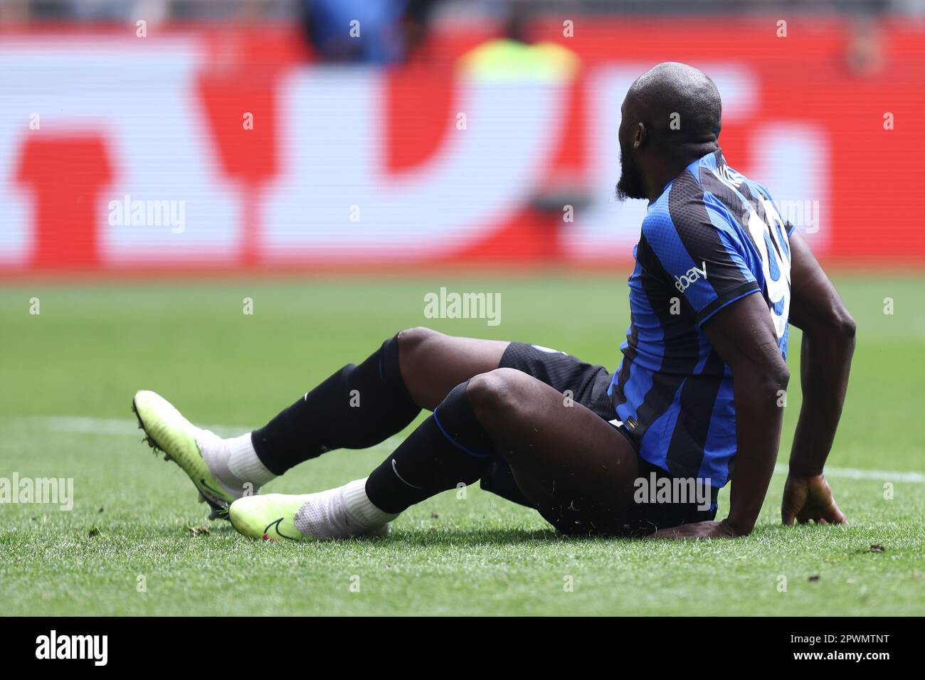 Milano, Italy. 30th Apr, 2023. Romelu Lukaku of Fc Internazionale lies on the ground during the Serie A match beetween Fc Internazionale and Ss Lazio at Stadio Giuseppe Meazza on April 30, 2023 in Milan Italy . Credit: Marco Canoniero/Alamy Live News Stock Photo
