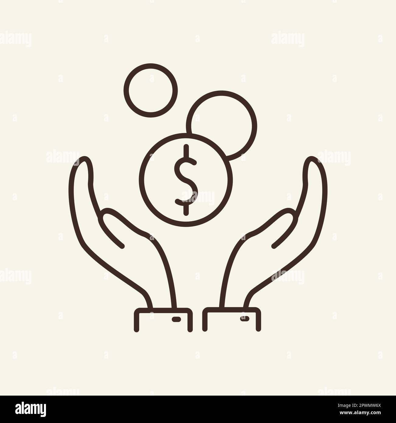 Dollar coins in hands line icon Stock Vector