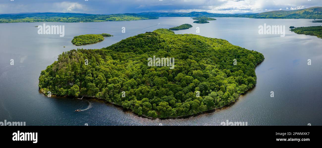 Aerial view of small islands on the huge freshwater Loch Lomond in the