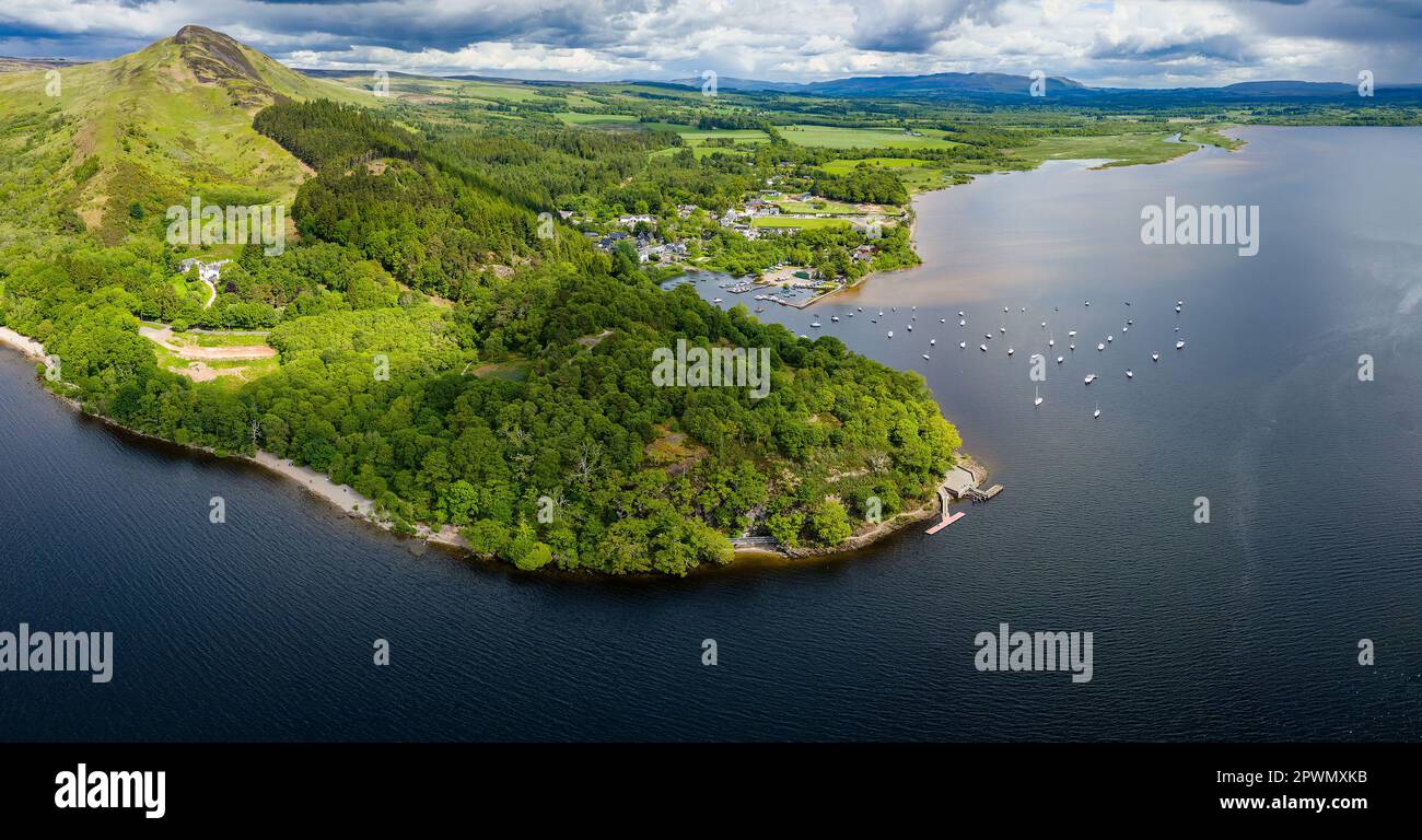 Panoramic aerial view of Conic Hill and Balmaha on the shores of Loch Lomond (Highlands, Scotland) Stock Photo