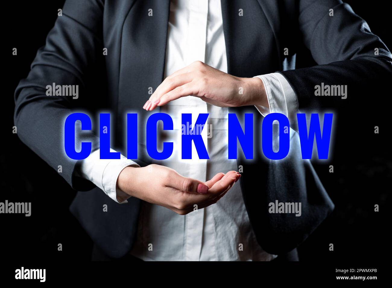 Text caption presenting Click Now, Word Written on pressing the button signifies subscribing to push notifications Stock Photo