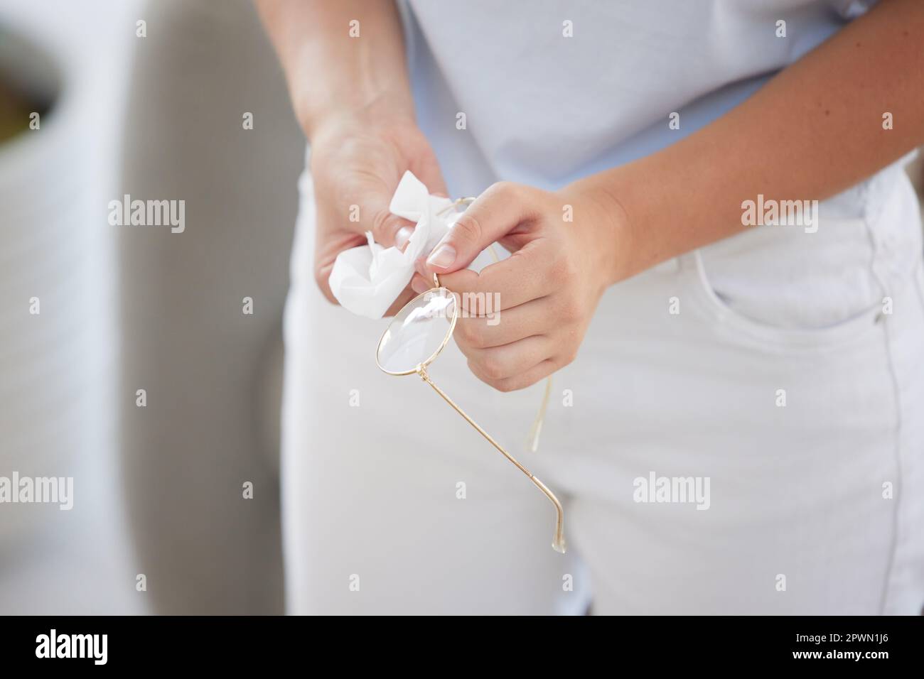 Glasses, cleaning and woman hands with fashion frames remove dust and