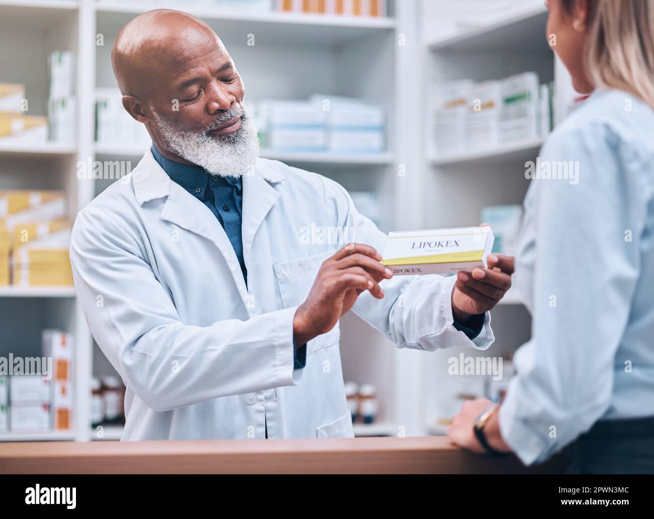Consulting, medicine and pharmacy with black man and customer for healthcare, help or prescription. Shopping, retail and pills with pharmacist and pat