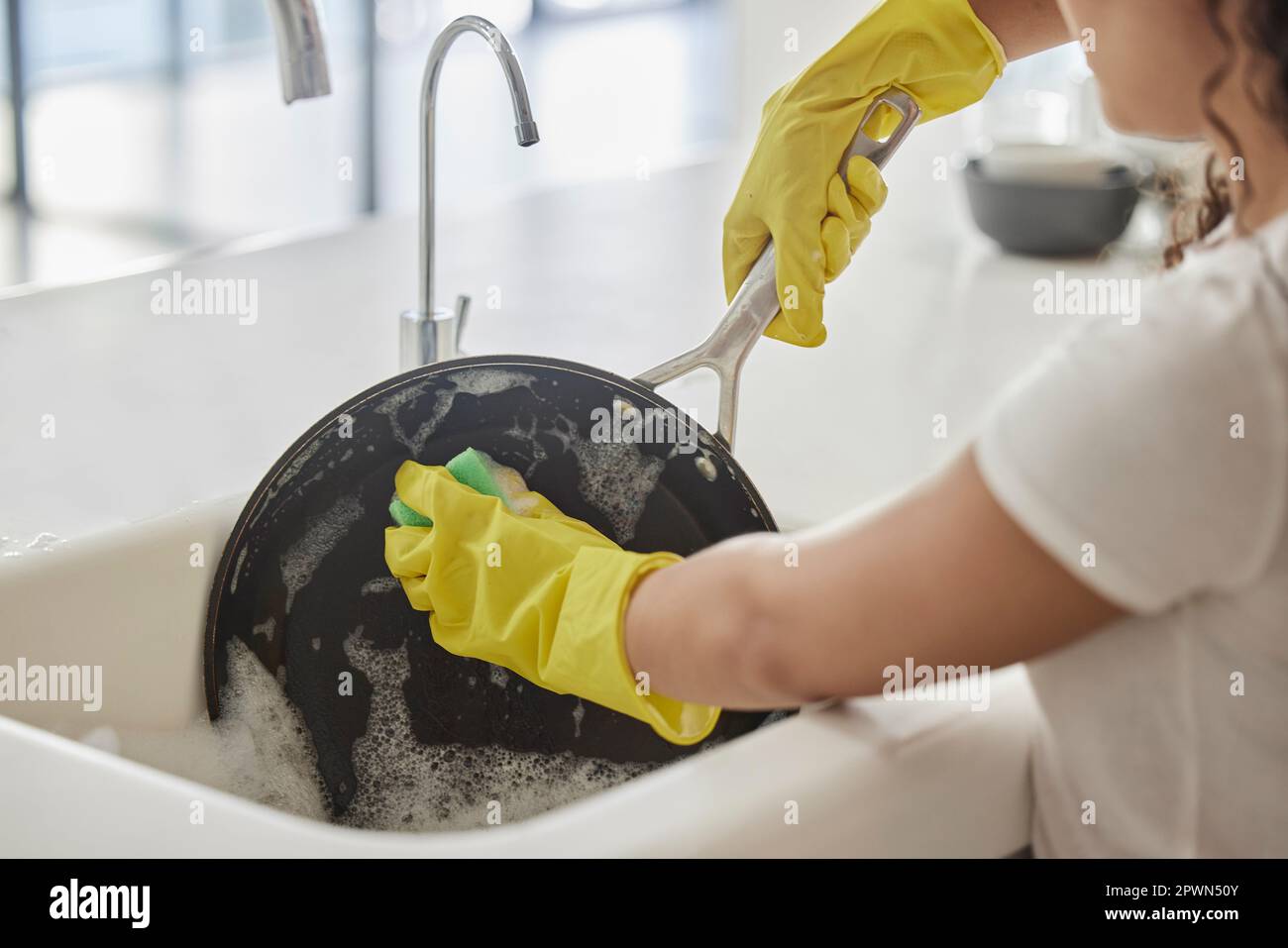 Cleaning pan, washing and hygiene hands with soap and water in the
