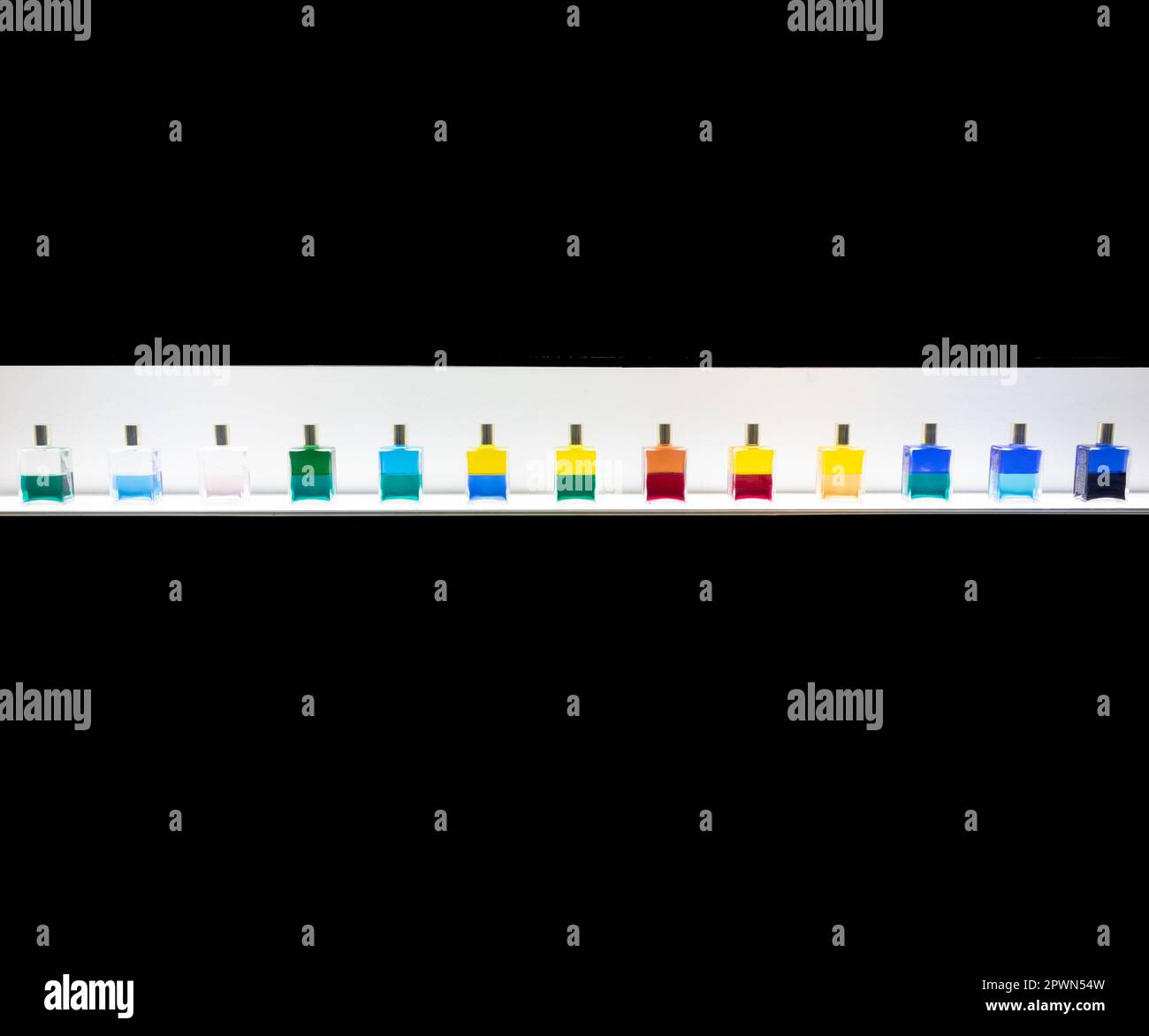 Parfume bottles collection. Series of glass containers, cosmetic