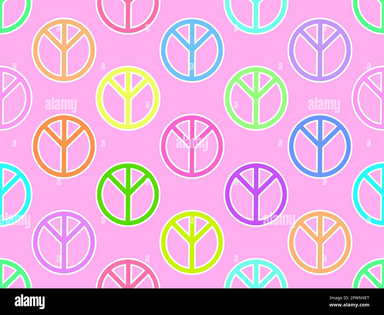 Peace symbol seamless pattern. Multicolored peace symbols on a pink background. Peace mark design for print, wallpaper, wrapping paper. Vector illustr Stock Vector