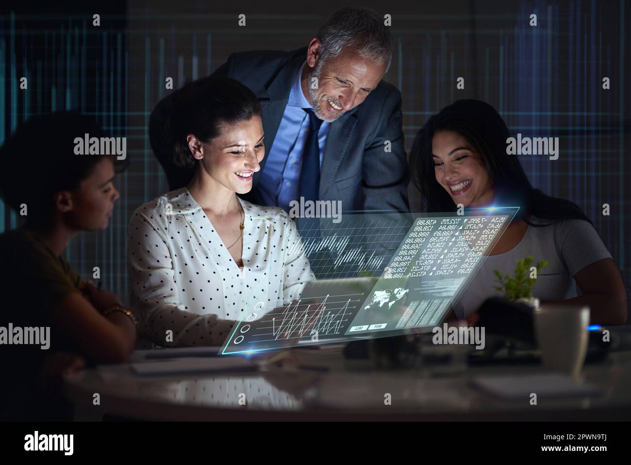 Stock market, tablet or team trading at night for a cryptocurrency or financial investment