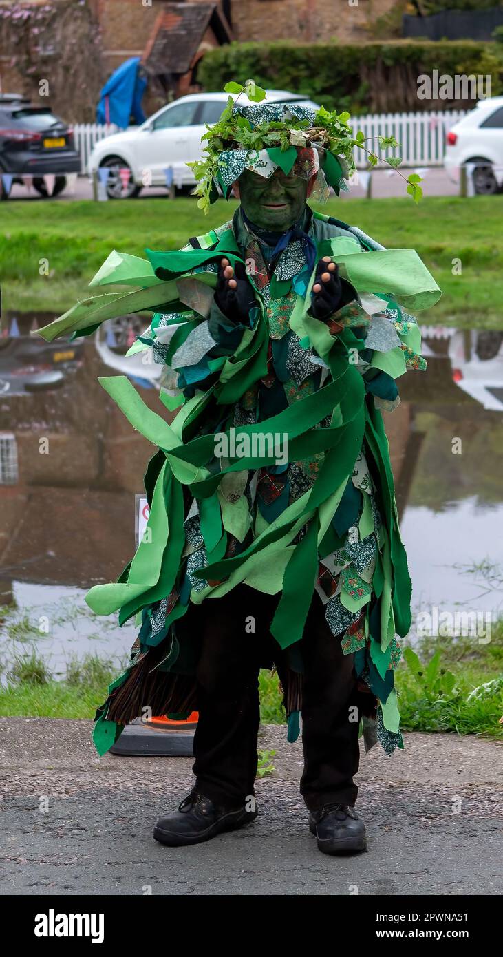 Aldbury village, UK 1st May 2023. The Green man,a traditional figure in Morris Dancing dances next to the village pond.Have you ever been to a pub called The Green Man? This is a Green Man, the Green Man dates back to medieval times and  was 'the central figure in the May Day celebrations throughout Northern and Central Europe'. As the Green Man is also portrayed with acorns and hawthorn leaves he was considered a symbol of fertility & rebirth, representing the cycle of new growth that occurs every spring.  Sue Thatcher/Alamy Live News Stock Photo