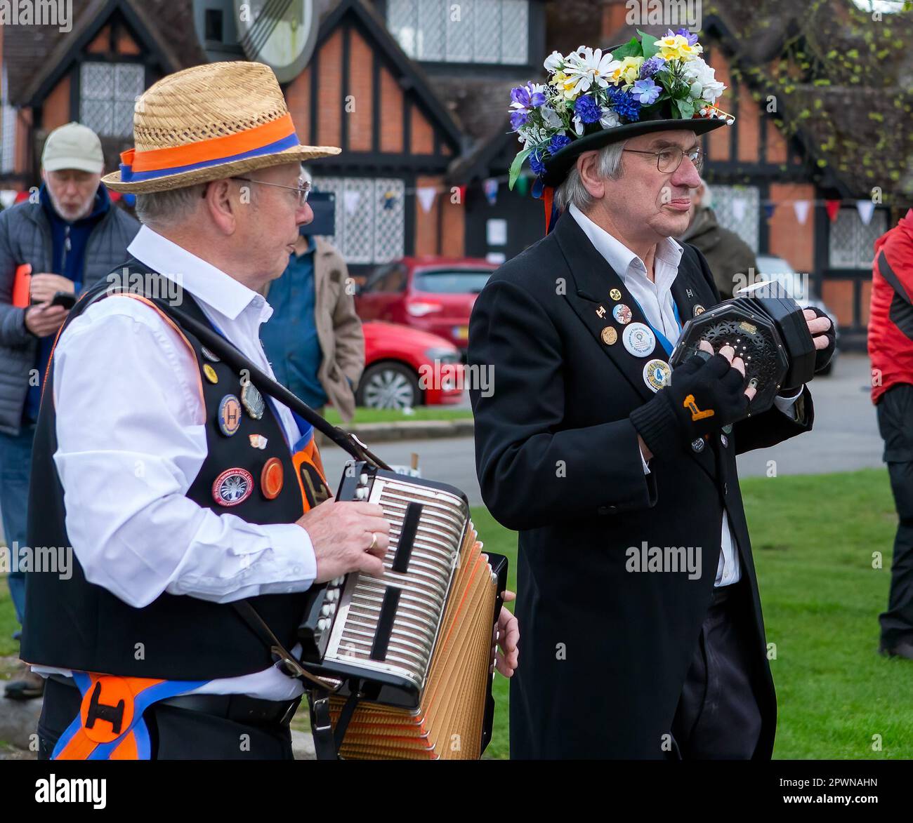 Aldbury village, UK 1st May 2023. Morris dancer musicians provide music ...