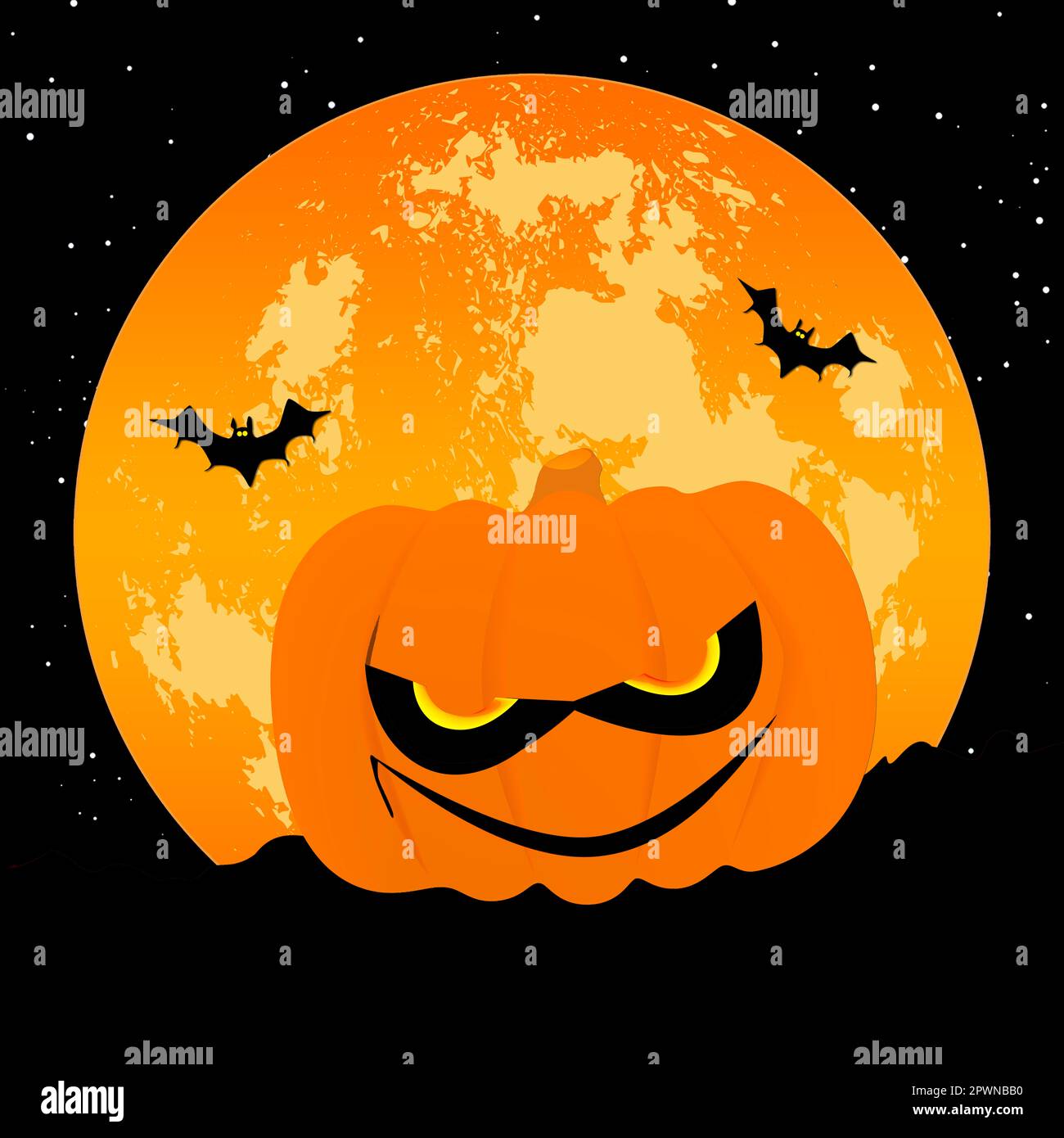 A creepy pumpkin with a orange full moon and flying bats Stock Photo ...