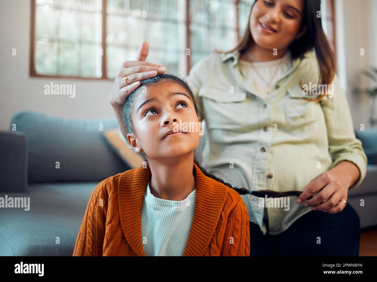 Hair care, grooming and pregnant woman with a child for love, care and