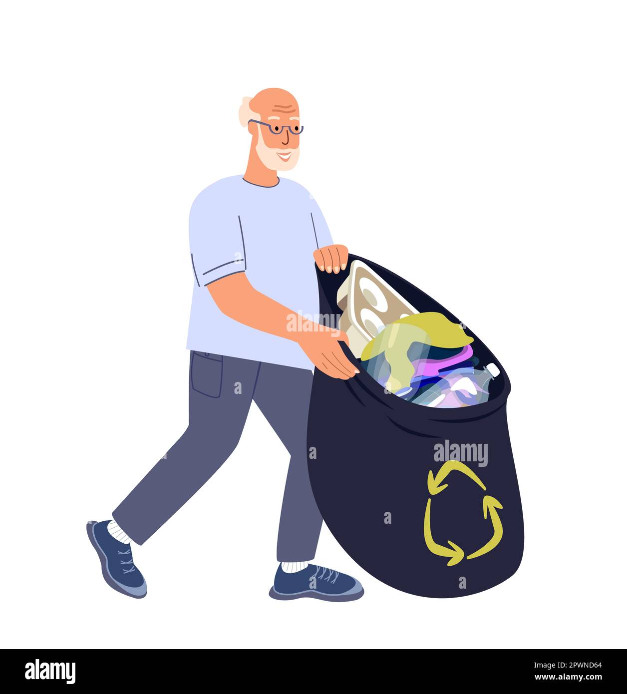 Retired Old Man Pull Garbage Sack. Save the Planet.Elderly Character Cleaning Environment,Garbage Recycling,Ecology Protection,Social Charity Voluntee Stock Photo