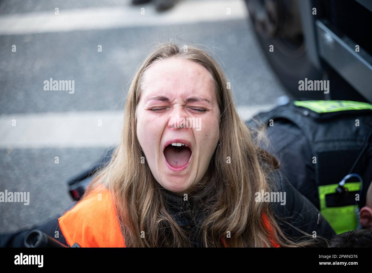 28.04.2023, Berlin, Germany, Europe Using cooking oil, police