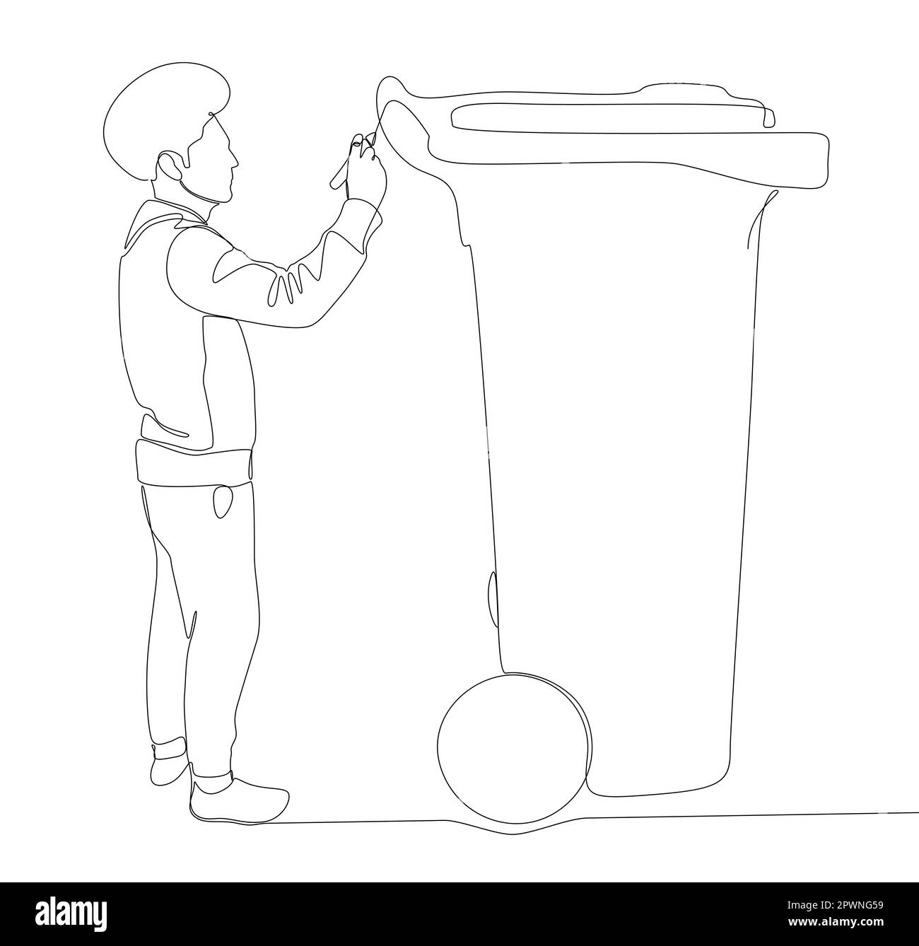 One continuous line of Man pointing with finger at Garbage Bin. Thin Line Illustration vector concept. Contour Drawing Creative ideas. Stock Vector