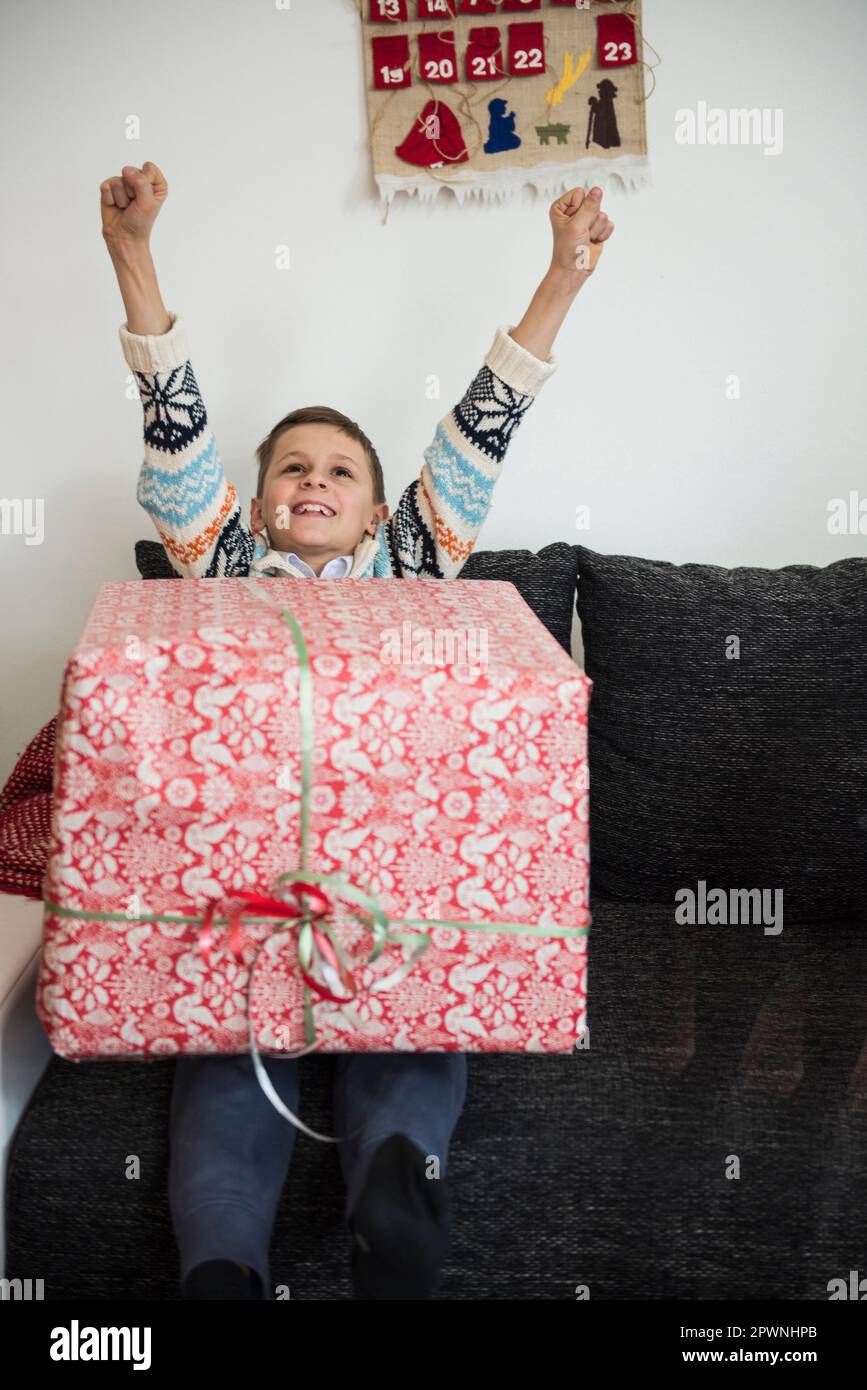 Cheerful boy with Christmas present Stock Photo