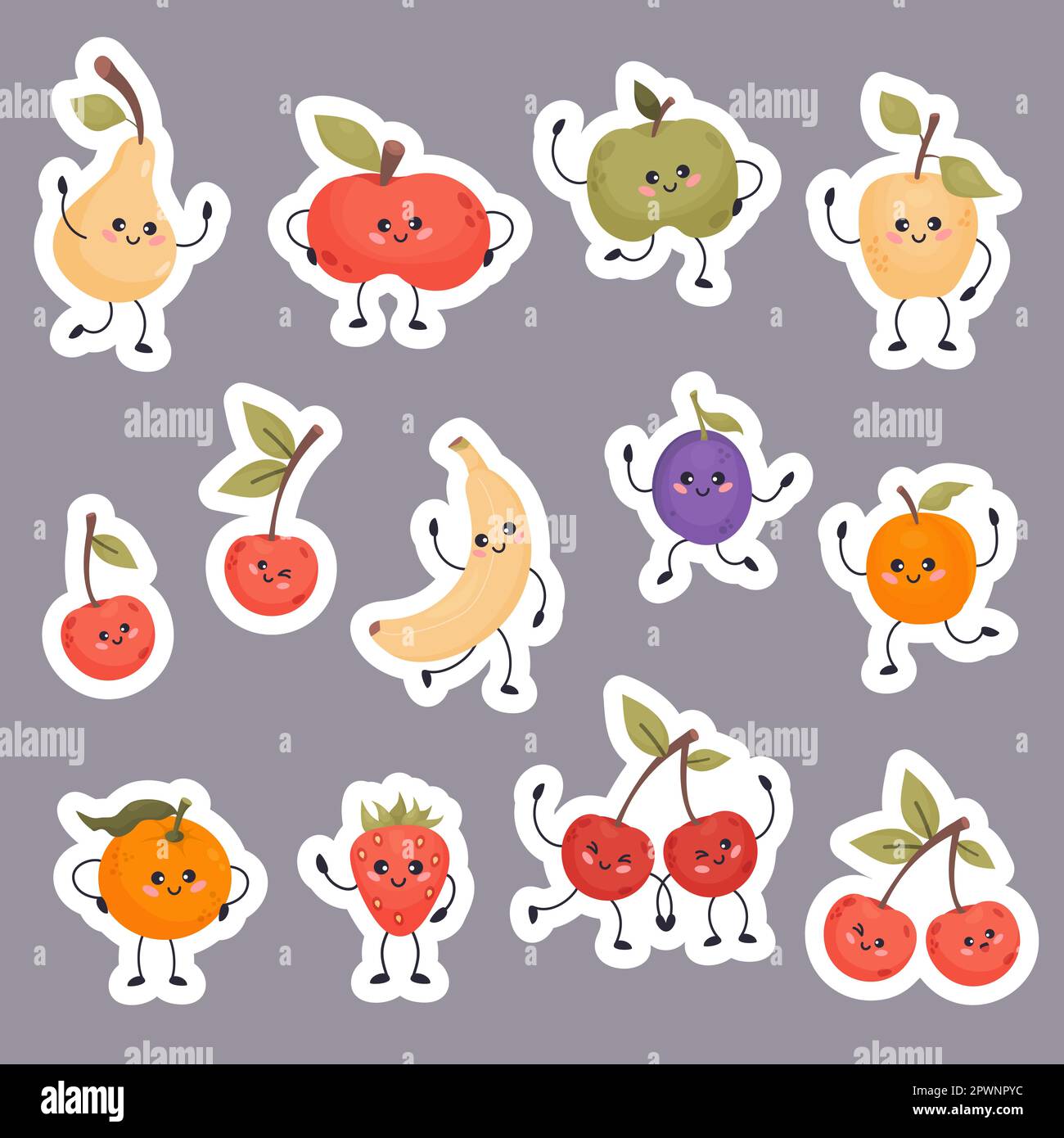 Cute stickers cartoon characters fruits. Apples, pear, strawberry, banana, plum, apricot, cherry and tangerine. Vector illustration. Collection funny Stock Vector