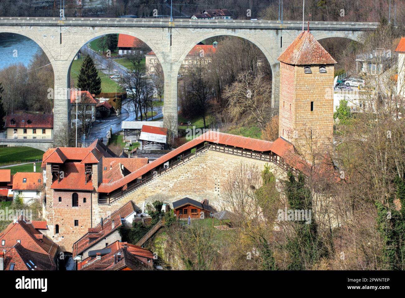 Old town of Fryborg in Switzerland with its medieval defenses and the ...
