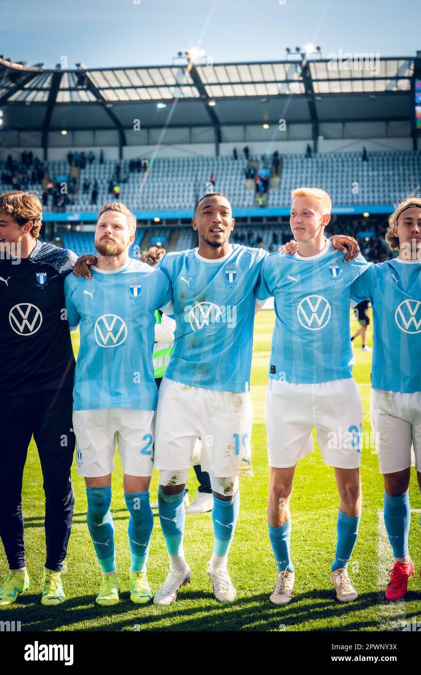 Malmoe, Sweden. 30th Apr, 2023. Lasse Nielsen (24), Derek Cornelius (19)  and Hugo Larsson (31) of Malmo FF seen during the Allsvenskan match between  Malmo FF and Hammarby IF at Eleda Stadion