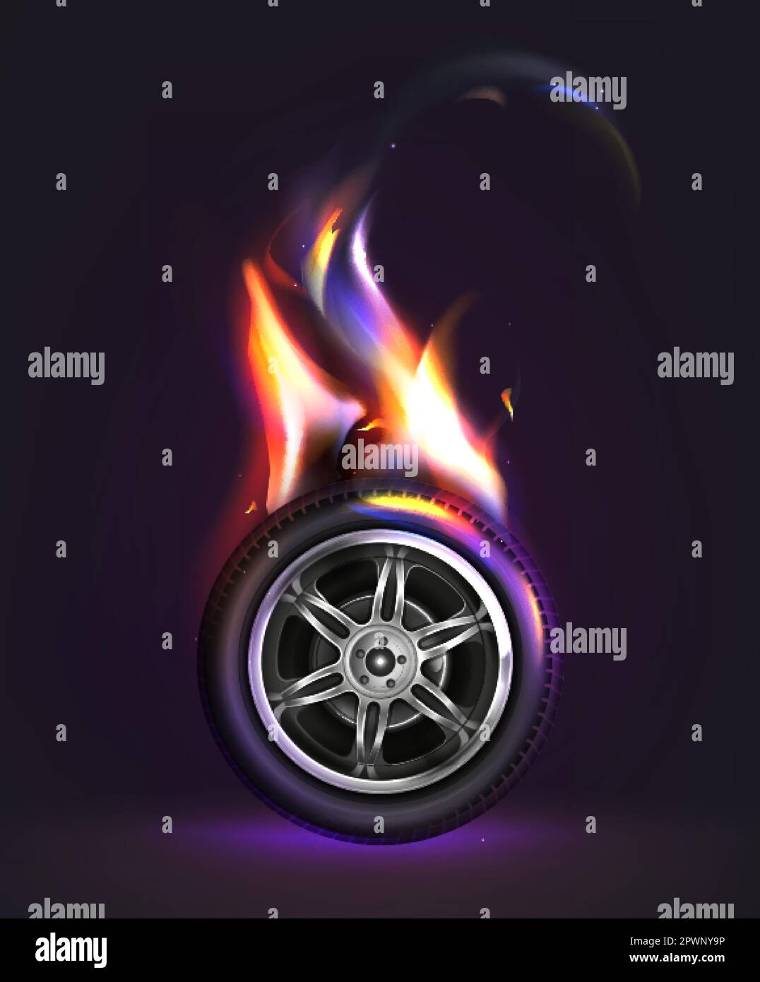 Vector 3d realistic car wheel on fire. Black tire in orange flames and
