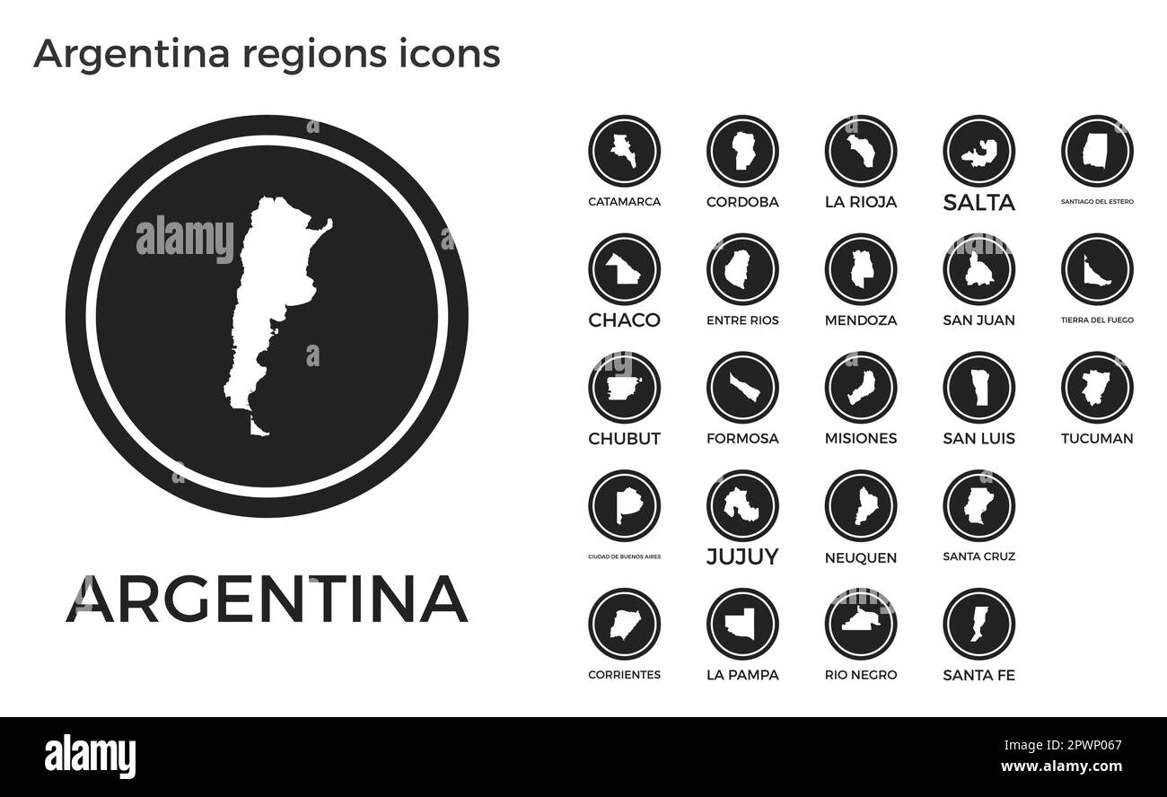 Argentina regions icons. Black round logos with country regions maps and titles. Vector illustration. Stock Vector