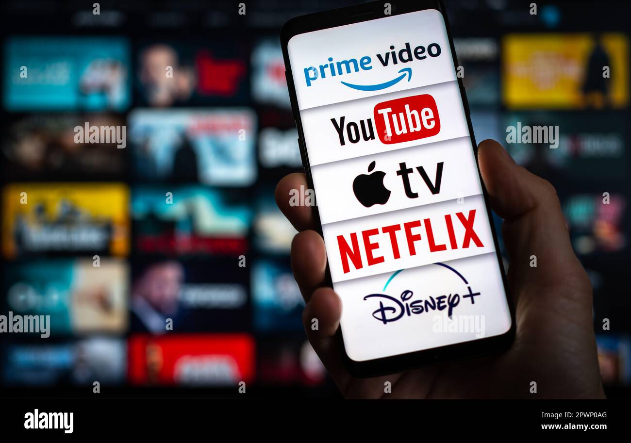 Video on demand services like Amazon Prime, Youtube, Apple TV, Netflx and Disney Stock Photo