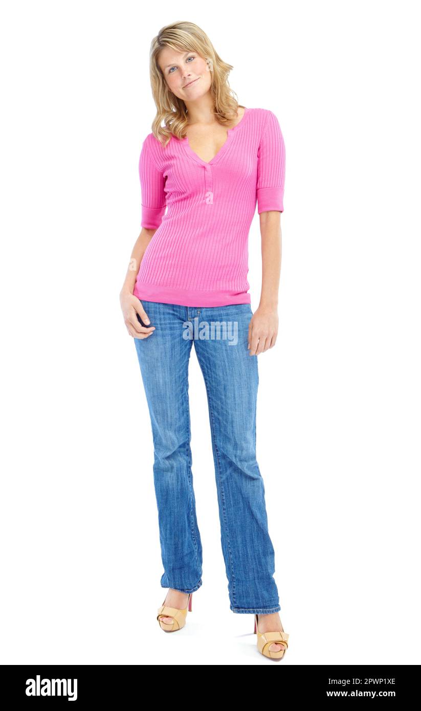 Graceful yet casual. Full length of a statuesque young woman isolated on a white background. Stock Photo