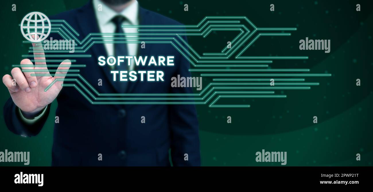 Conceptual caption Software Tester, Word Written on implemented to protect software against malicious attack Stock Photo