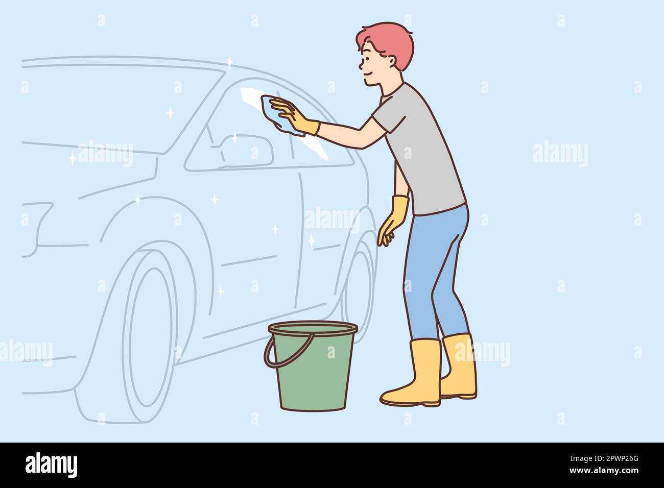 Smiling man cleaning car with cloth and detergent. Happy guy washing