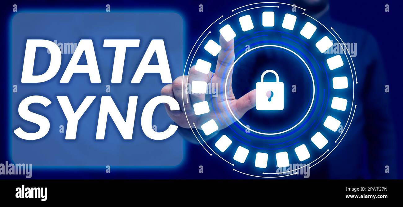 Hand writing sign Data Sync, Business approach data that is continuously generated by different sources Stock Photo