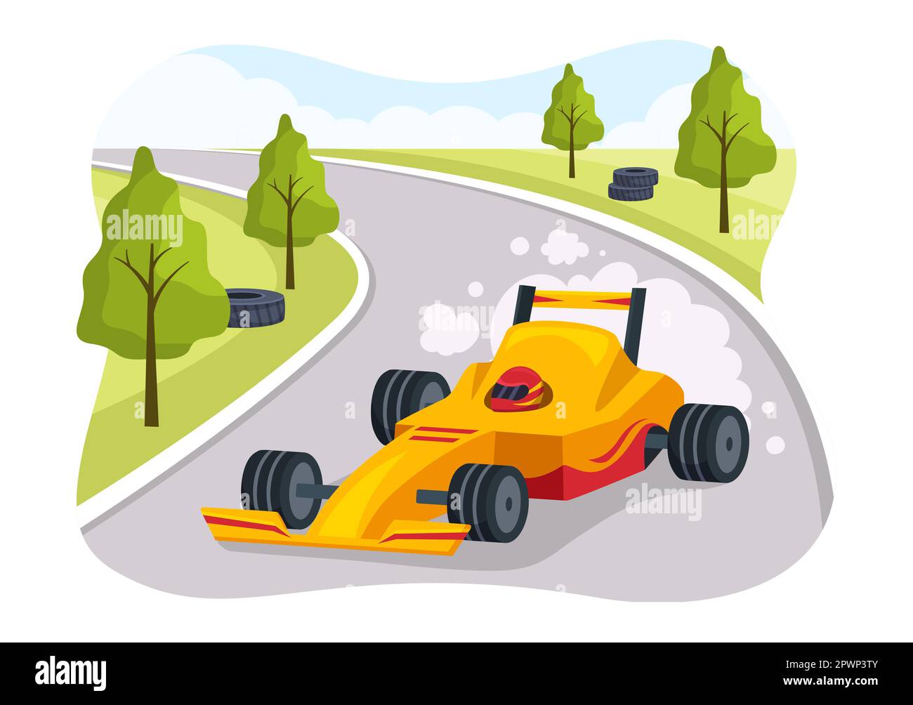 Formula Racing Sport Car Reach on Race Circuit the Finish Line Cartoon Illustration to Win the