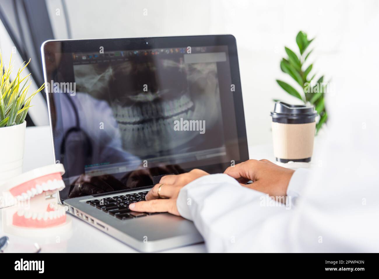 Dentist doctor or nurse in uniform use oral software teeth Xray and