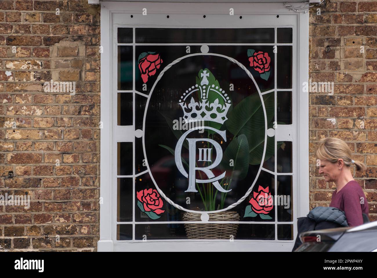 Wimbledon London UK. 1 May 2023. The window of the Rose and Crown pub ...
