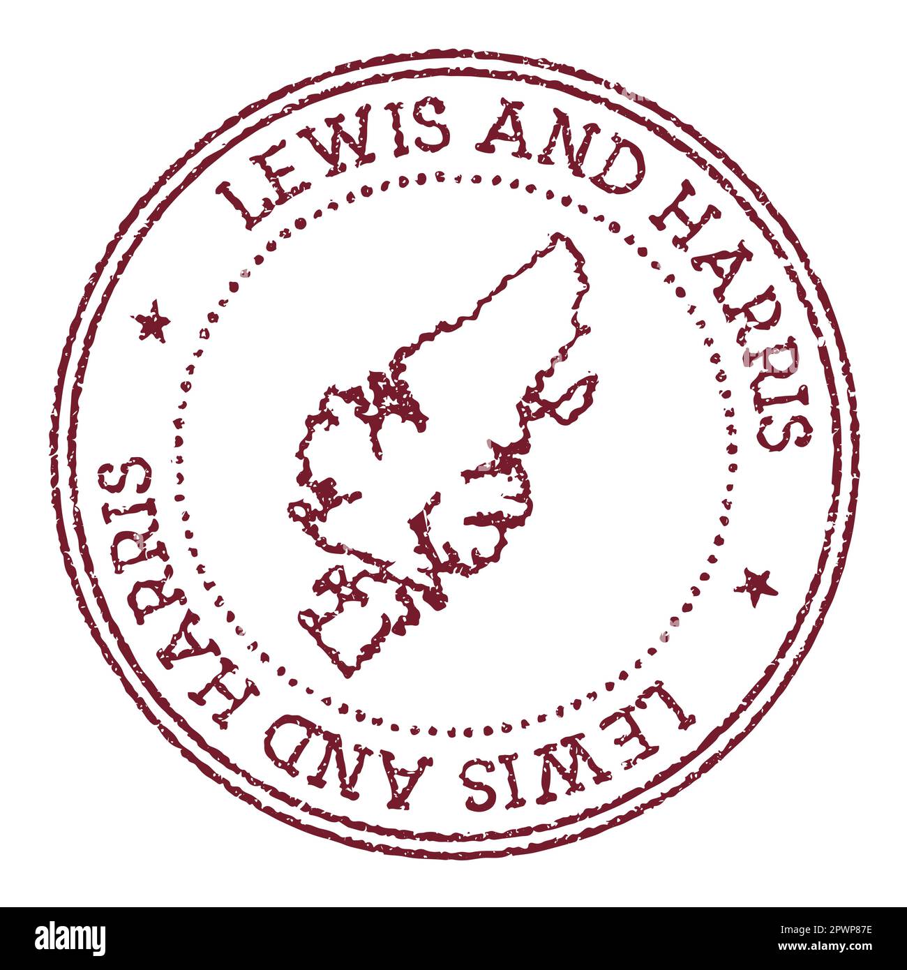 Lewis and Harris round rubber stamp with island map. Vintage red passport stamp with circular text and stars, vector illustration. Stock Vector