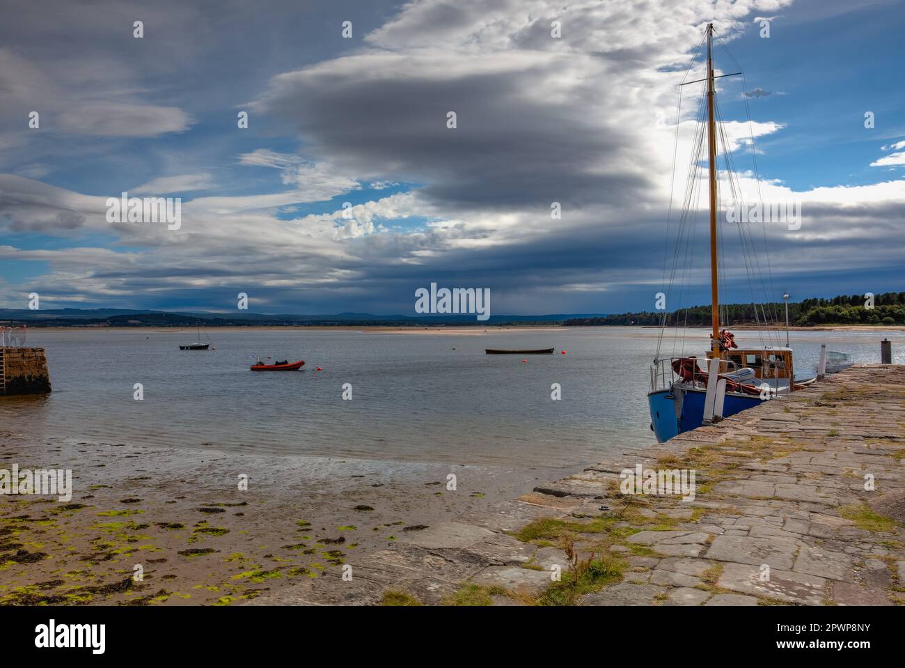 In the small port in Findhorn at sunset, Scotland. Stock Photo