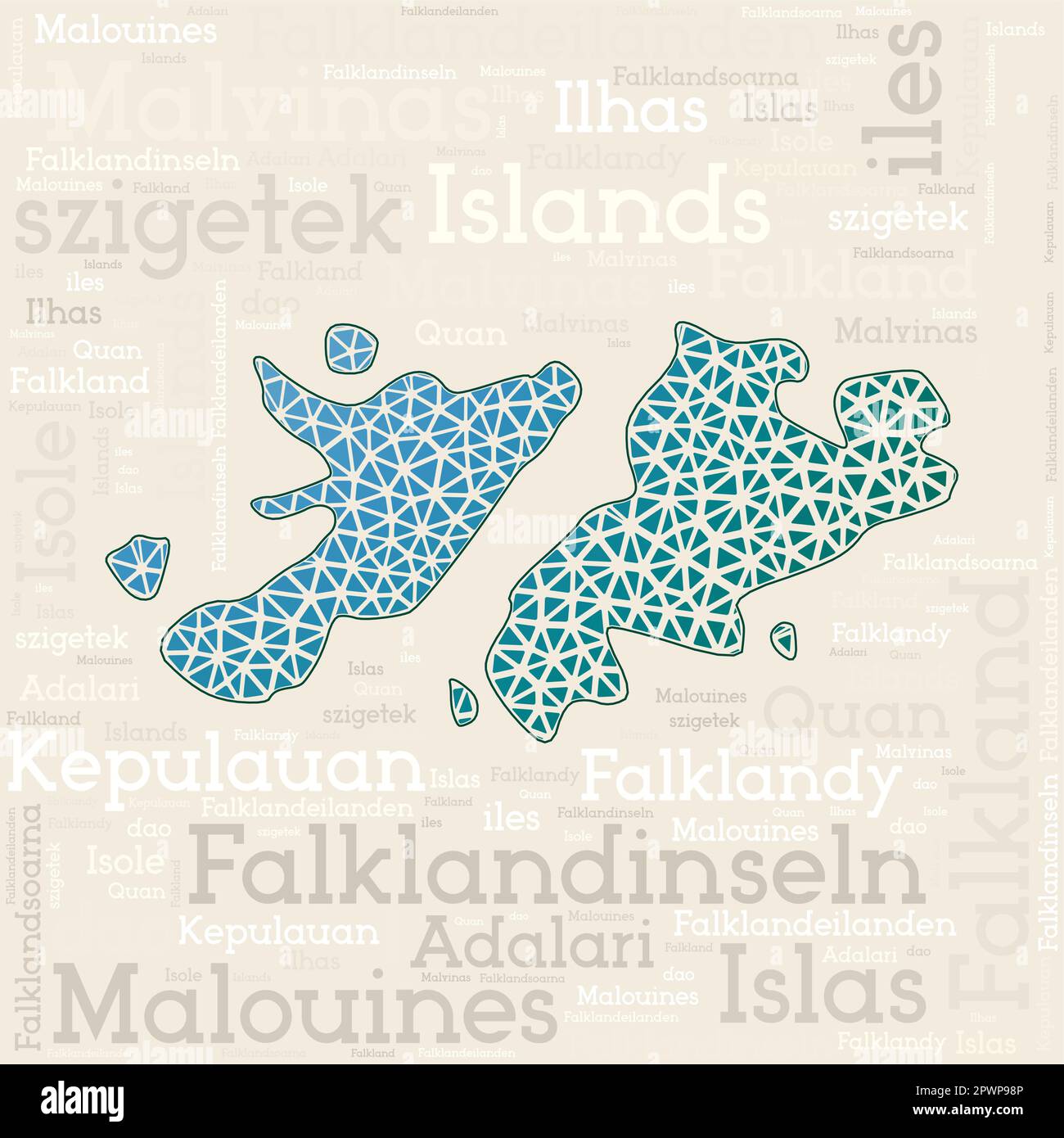 FALKLANDS map design. Country names in different languages and map shape with geometric low poly