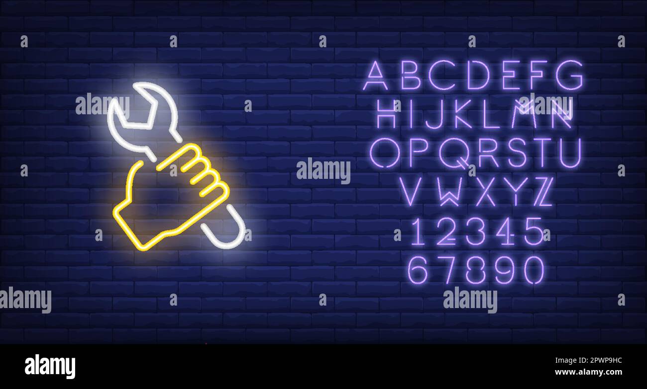 Hand with wrench neon sign Stock Vector
