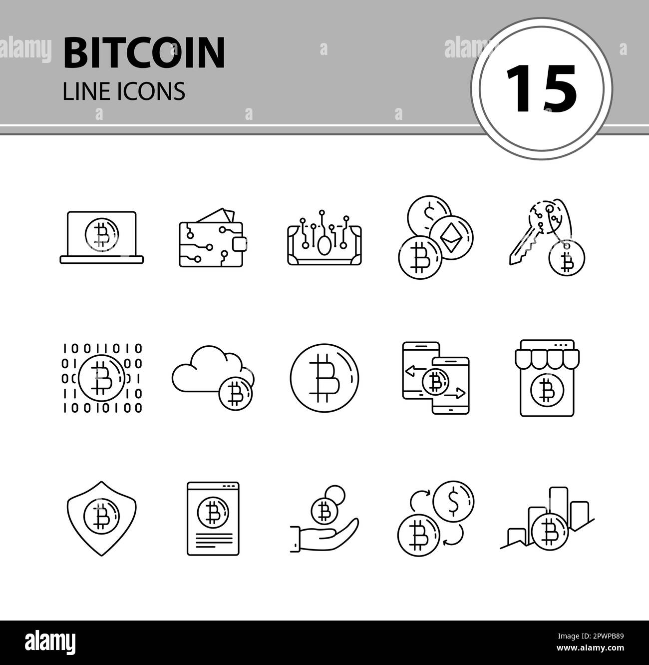 Cryptocurrency mining isolated icons Black and White Stock Photos ...